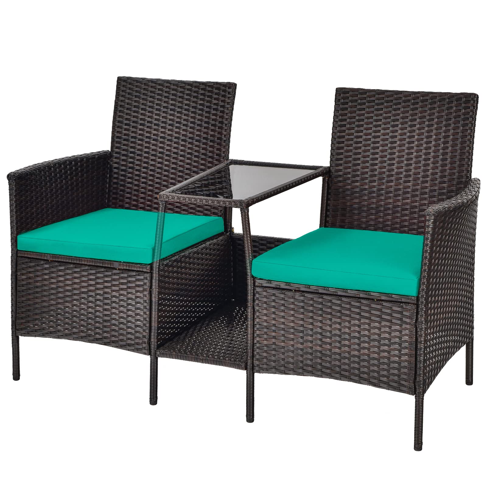 PE Wicker Outdoor Furniture Set, 2 Cushioned Seats and Tempered Glass Table